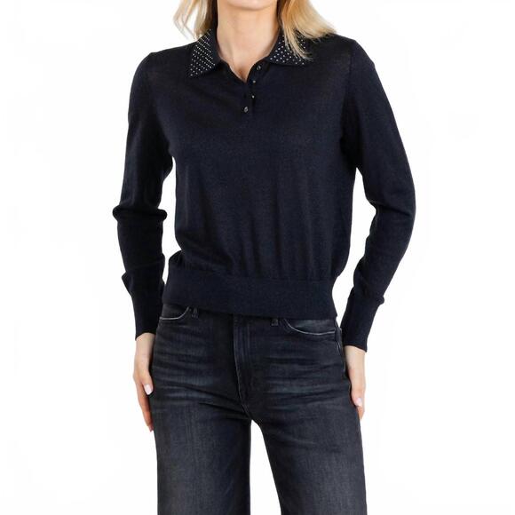 NEW AUTUMN CASHMERE rhinestone cashmere polo sweater in black